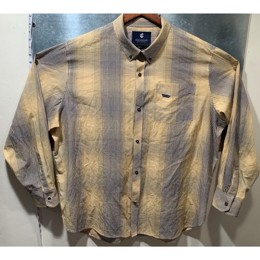 3XL Rocawear Classic Yellow/White/Brown Fade Checks Button Down Long Sleeve - Picture 6 of 16